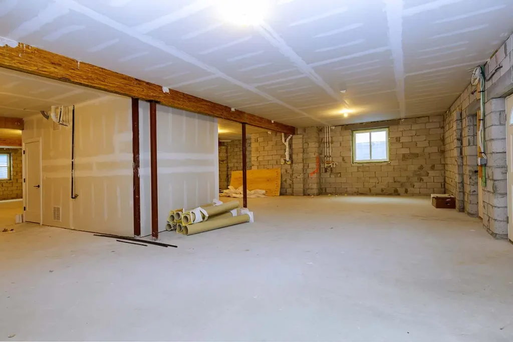 empty space in basement home, ready for kitchen remodeling