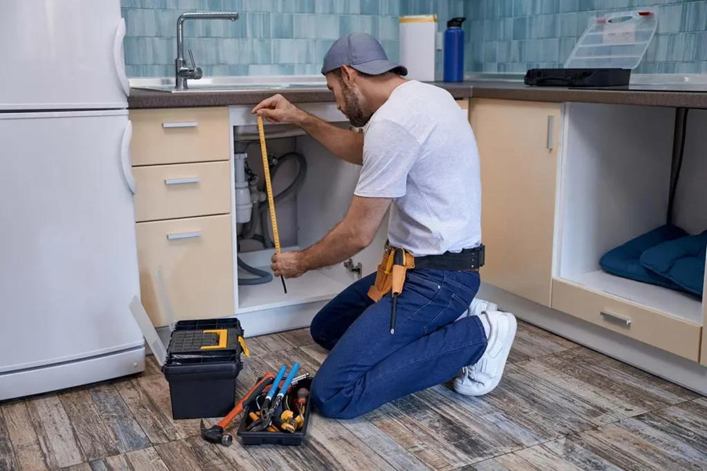 signature technician at customer home measuring cabinets for a full kitchen remodeling